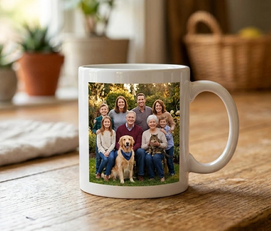 Familia feliz reunida – taza personalizada con foto familiar