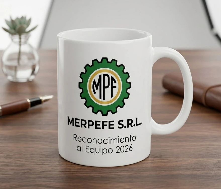 Equipo de trabajo colaborando – taza corporativa con foto